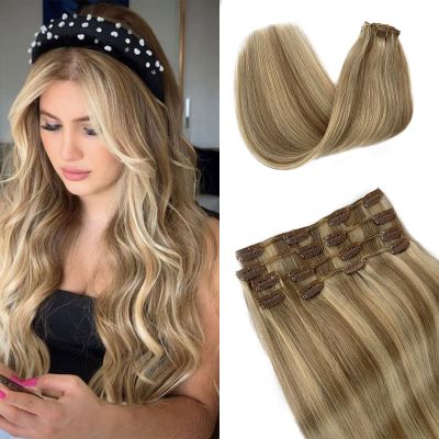 15 Inch Short Hair Extensions Clip ins Golden Blond Mixed Light Blonde Remy Human Hair Clips ins Full Head Silky Blonde Highlights Clip on Hair Extensions