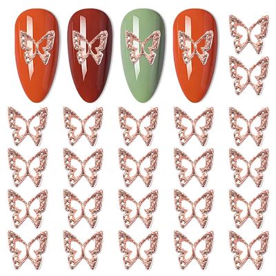 DANNEASY 100pcs 3D Butterfly Charms for Nails Rose Gold Nail Charms Alloy Nail Jewels Nail Butterfly Design Nail Decoration for DIY Craft Nail Art Accessories