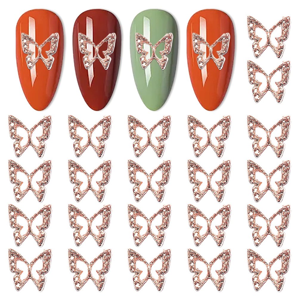DANNEASY 100pcs 3D Butterfly Charms for Nails Rose Gold Nail Charms Alloy Nail Jewels Nail Butterfly Design Nail Decoration for DIY Craft Nail Art Accessories