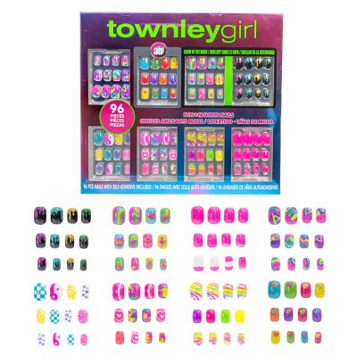 96 Pcs Press-On Nails Including 3D and Glow-In-Dark Artificial False Nails Set for Tweens with Pre-Glue Full Cover Acrylic Nail Tip Kit, Great for Gifts, by Townley Girl