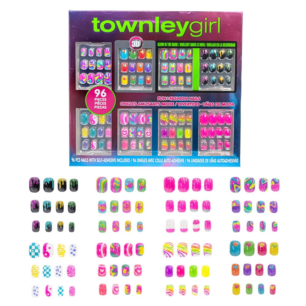 96 Pcs Press-On Nails Including 3D and Glow-In-Dark Artificial False Nails Set for Tweens with Pre-Glue Full Cover Acrylic Nail Tip Kit, Great for Gifts, by Townley Girl