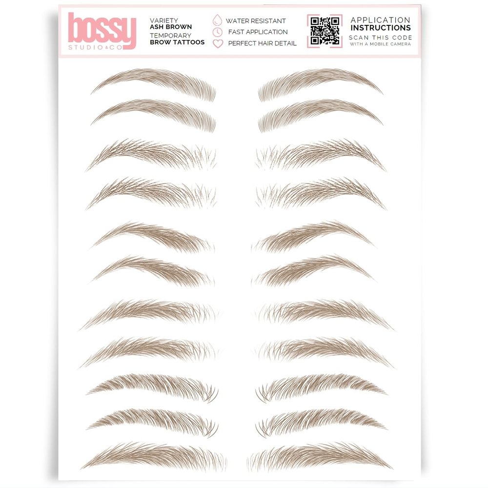 Brows by Bossy Studio & Co Temporary Eyebrow Tattoos Waterproof Eyebrow Stickers, False Tattoos Hair Like Peel Off Instant Transfer Brow variety ash brown