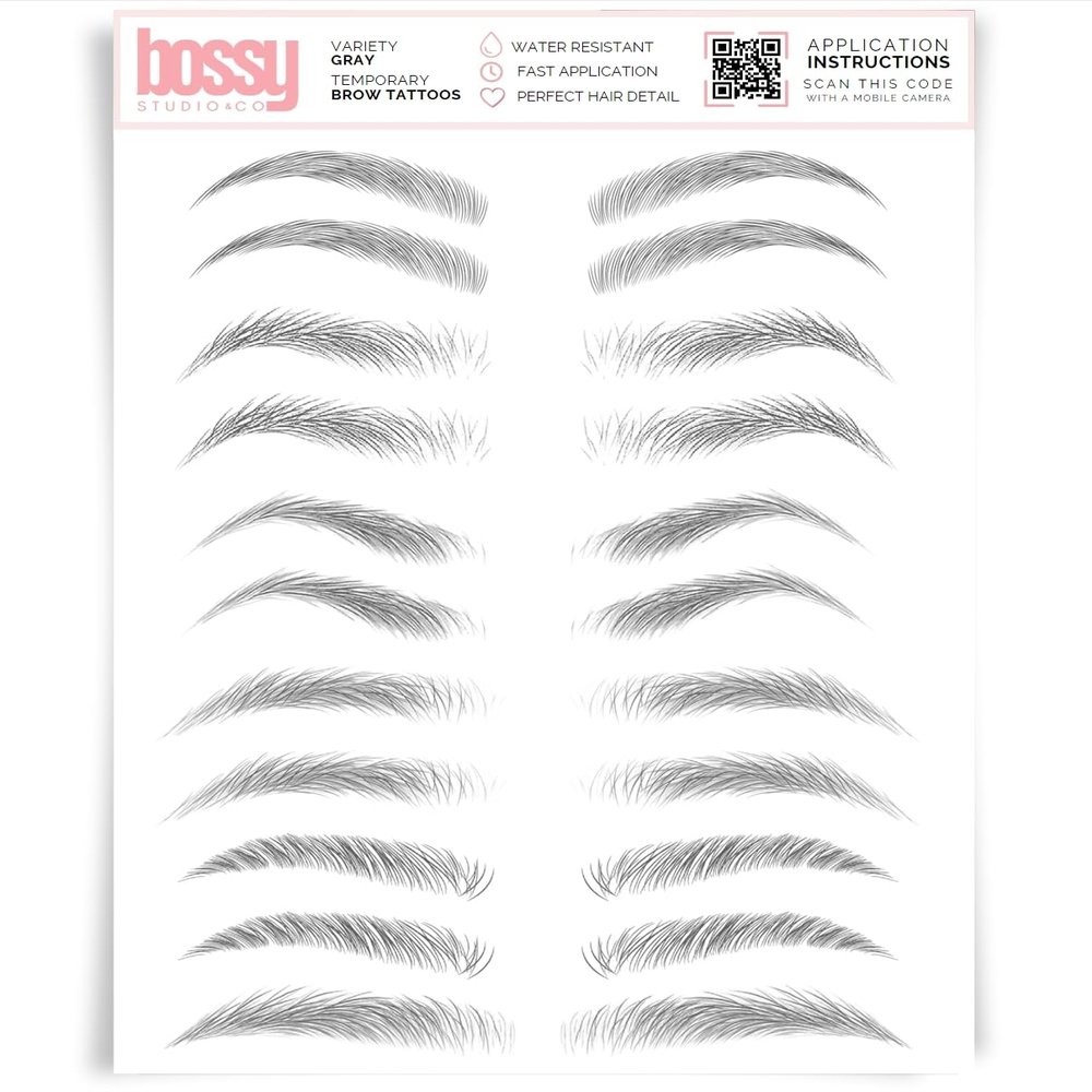 Brows by Bossy Studio & Co Temporary Eyebrow Tattoos Waterproof Eyebrow Stickers, False Tattoos Hair Like Peel Off Instant Transfer Brow variety gray