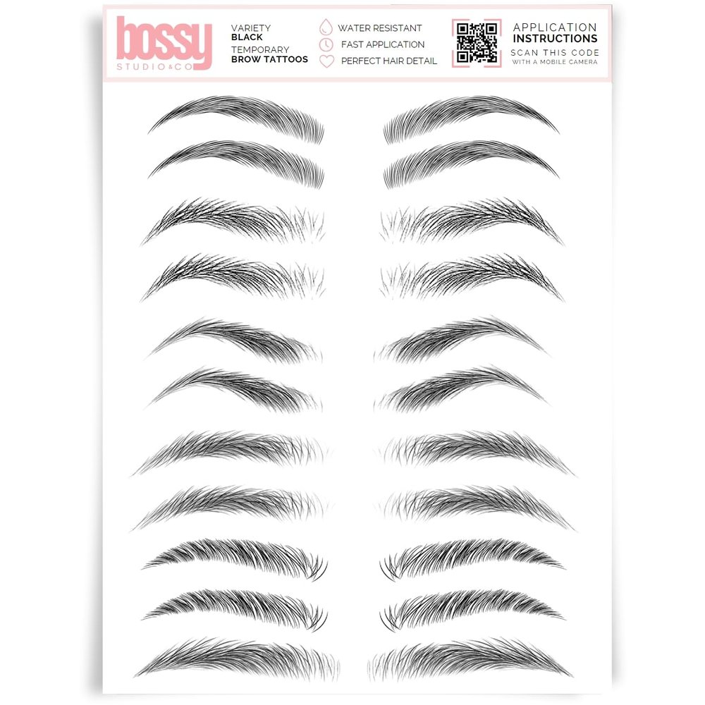 Brows by Bossy Studio & Co Temporary Eyebrow Tattoos Waterproof Eyebrow Stickers, False Tattoos Hair Like Peel Off Instant Transfer Brow variety black