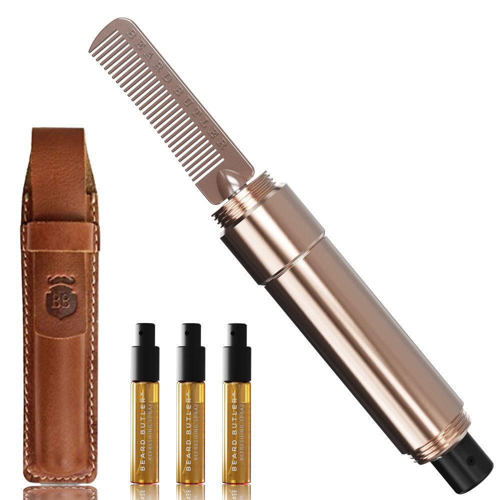 Beard Butler - 2-in-1 Portable Beard Grooming Tool - Mini Beard Comb | Compact - Pocket-Sized - Travel Friendly | Leather Sheath + 2 Sample Scents (Limited Edition - Copper)