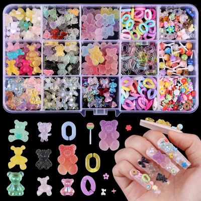 editTime 300PCS Kawaii Colorful Resin Acrylic 3D Gummy Bear Multi-Sized Heart Star Nail Charms with Snowflake Heart Star Slice (Multicolor6)