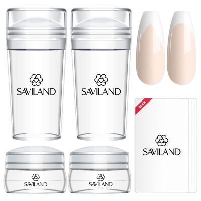 Saviland French Tip Nail Stamp: 8PCS Clear Silicone Nail Stamping Nail Art Stamper Kit, 2+2PCS Long & Short Jelly Stamper with Scrapers Nail Stamper Kit for French Manicure Home DIY Nail Salon