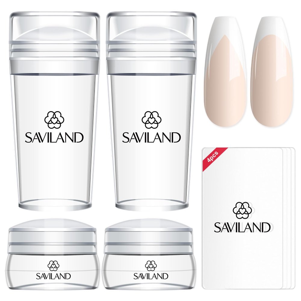 Saviland French Tip Nail Stamp: 8PCS Clear Silicone Nail Stamping Nail Art Stamper Kit, 2+2PCS Long & Short Jelly Stamper with Scrapers Nail Stamper Kit for French Manicure Home DIY Nail Salon