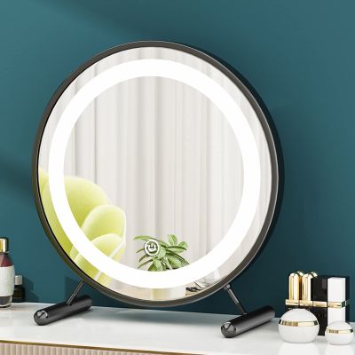 Metal Framed Bathroom Mirror,Tabletop Mirror,Trichromatic Dimming,plug-in Power,Vanity Makeup Mirror,Can Be Used As Desk Lamp,night Light,LED Round Mirror ( Color : Black+Lamp , Size : 60cm(23in) )