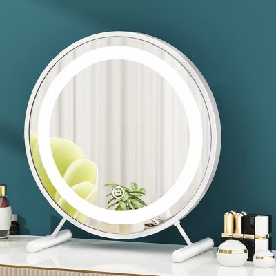 Metal Framed Bathroom Mirror,Tabletop Mirror,Trichromatic Dimming,plug-in Power,Vanity Makeup Mirror,Can Be Used As Desk Lamp,night Light,LED Round Mirror ( Color : White+Lamp , Size : 60cm(23in) )