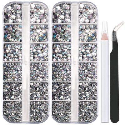 5320 Pieces Flat Back Gems Round Crystal Rhinestones 6 Sizes (1.5-6 mm) with Pick Up Tweezer and Rhinestones Picking Pen for Crafts Nail Face Art Clothes Shoes Bags DIY (Clear AB)