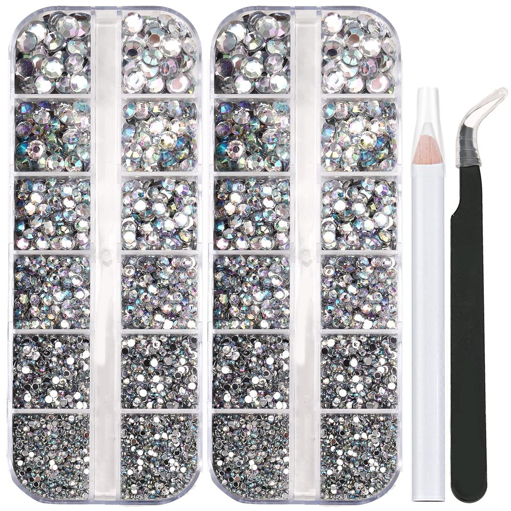 5320 Pieces Flat Back Gems Round Crystal Rhinestones 6 Sizes (1.5-6 mm) with Pick Up Tweezer and Rhinestones Picking Pen for Crafts Nail Face Art Clothes Shoes Bags DIY (Clear AB)