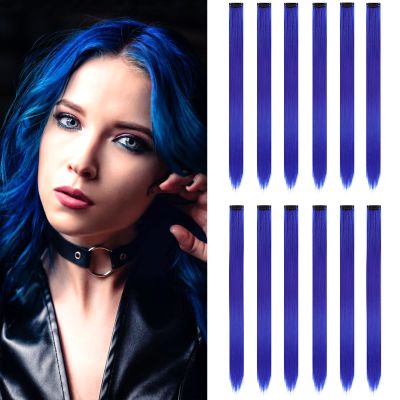 12PCS Colored Blue Hair Extensions Party Highlights Colorful Clip in Hair Extensions 22 Inch Straight Synthetic Hairpieces for Women Kids Girls Halloween Christmas Cosplay(Blue)
