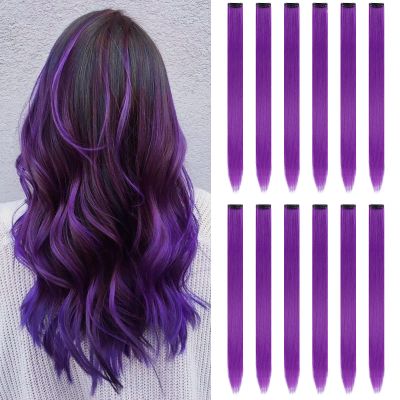 12PCS Colored Purple Hair Extensions 22 Inch Colorful Clip in Hair Extensions Straight Synthetic Hairpiece for Women Kids Girls Halloween Christmas Cosplay(22inch,Purple)