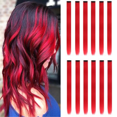 12PCS Colored Red Hair Extensions Party Highlights Colorful Clip in Hair Extensions 22 Inch Straight Synthetic Hairpieces for Women Kids Girls Halloween Christmas Cosplay(Red)