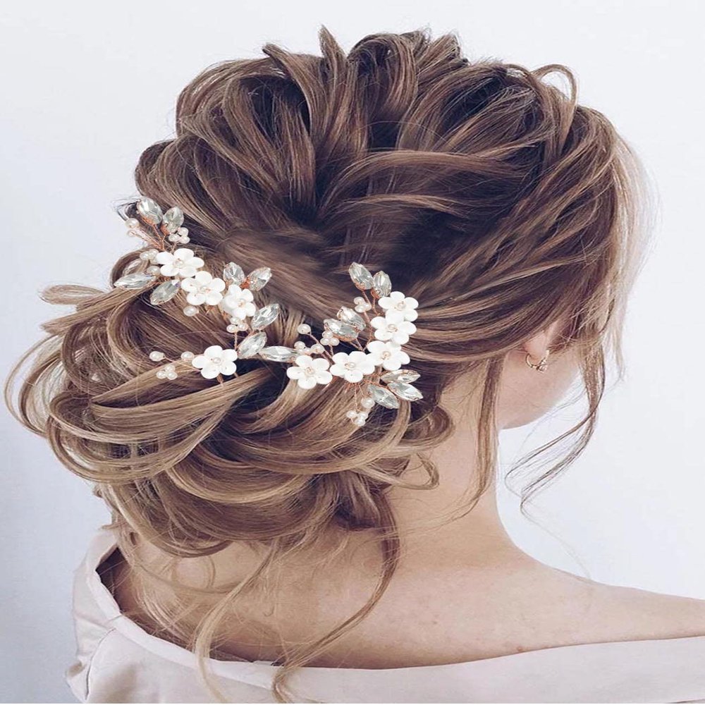 Unicra Flower Bride Wedding Hair Pins Rose Gold Crystal Bridal Hair Pieces Pearl Hair Accessories for Women and Girls (Pack of 3) (Rose Gold)