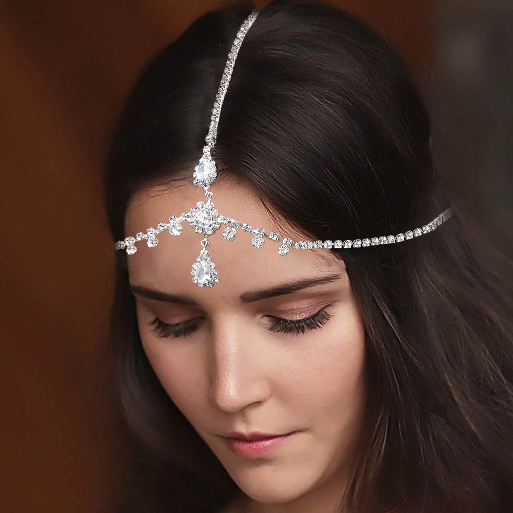 Acenail Rhinestone Head Chain Womens Wedding Hair Jewelry Silver Headbands Chain Bridal Head Jewelry Bride Headpieces Boho Hair Chains Halloween Prom Hair Accessories for Women