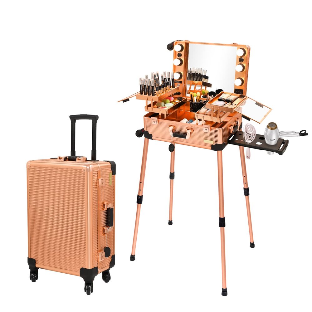 Tense Edano Aluminum Trolley Makeup Train Case with LED Lights Professional Cosmetic Organizer Studio with Speaker, Wheels and Stands Rolling Lighted Makeup Vanity Station for Travel (Rose Gold)