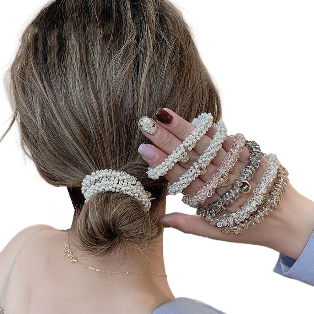 5 Pieces Crystal Pearl Hair Ropes for Women Beaded Elastic Ponytail Scrunchies Holders Hairband for Girls