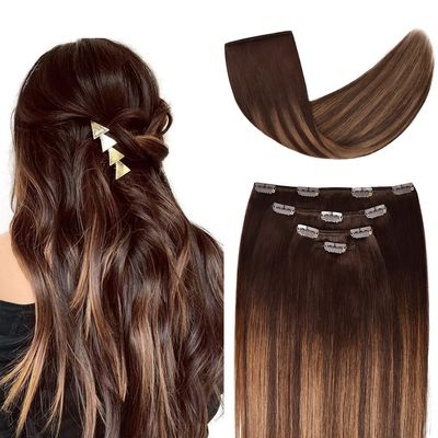 12" Clip in Hair Extensions Remy Human Hair Brown Balayage for Women - Silky Straight 100% Real Human Hair 50grams 4pieces #2T(6P2) Color