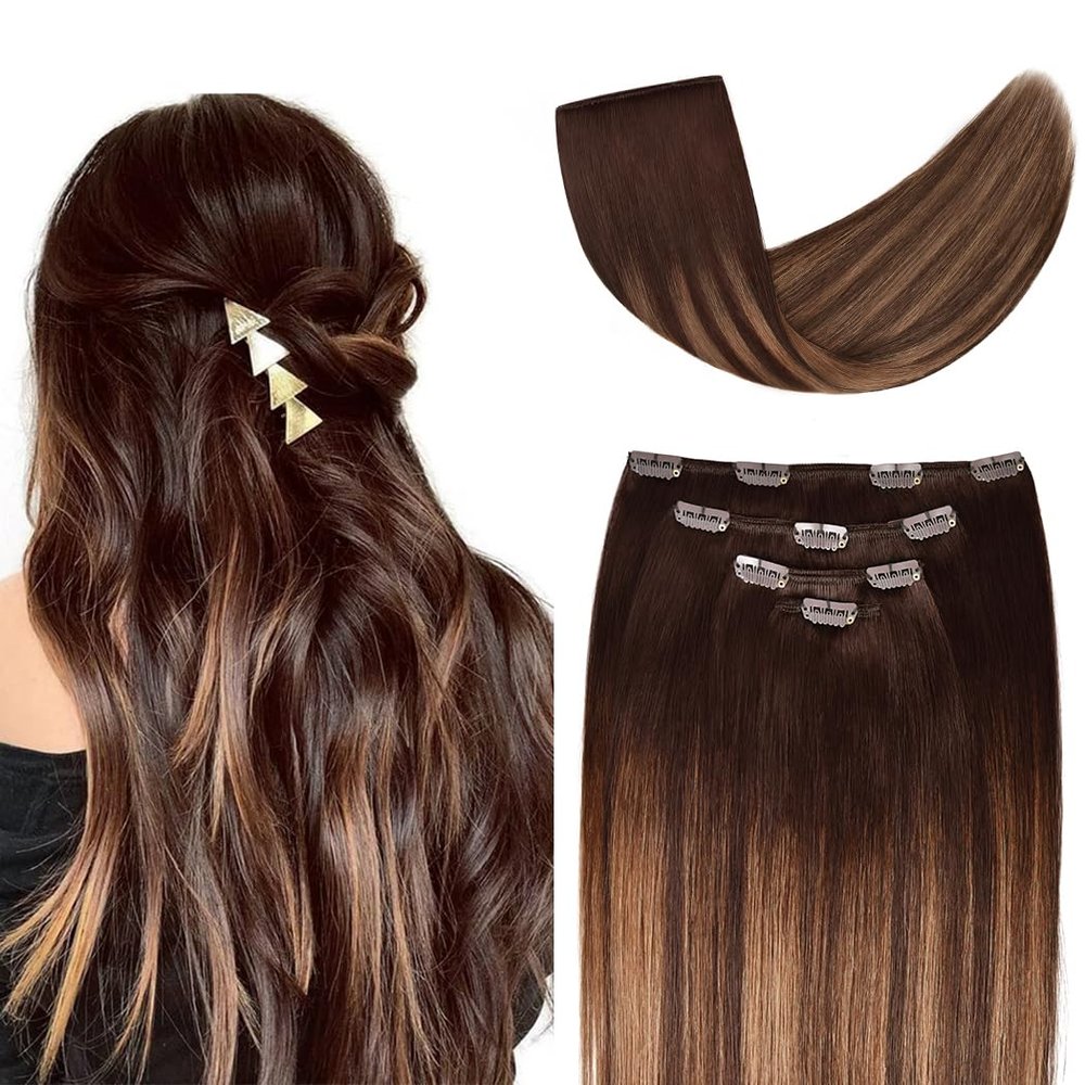 16" Clip in Hair Extensions Remy Human Hair Brown Balayage for Women - Silky Straight 100% Real Human Hair 55grams 4pieces #2T(6P2) Color