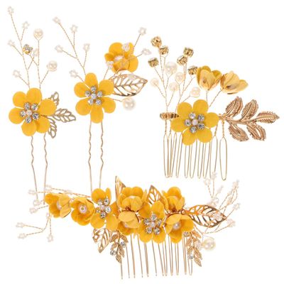 FOMIYES Bridal Hair Comb and Pins Set, Yellow Flower Headpiece for Wedding, Party, and Evening, 4 Pieces Zinc Alloy Hair Accessories