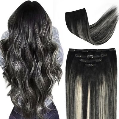 16" Clip in Hair Extensions Remy Human Hair Black Balayage Silver for Women - Silky Straight 100% Real Human Hair 55grams 4pieces #1BT(SilverP1B) Color