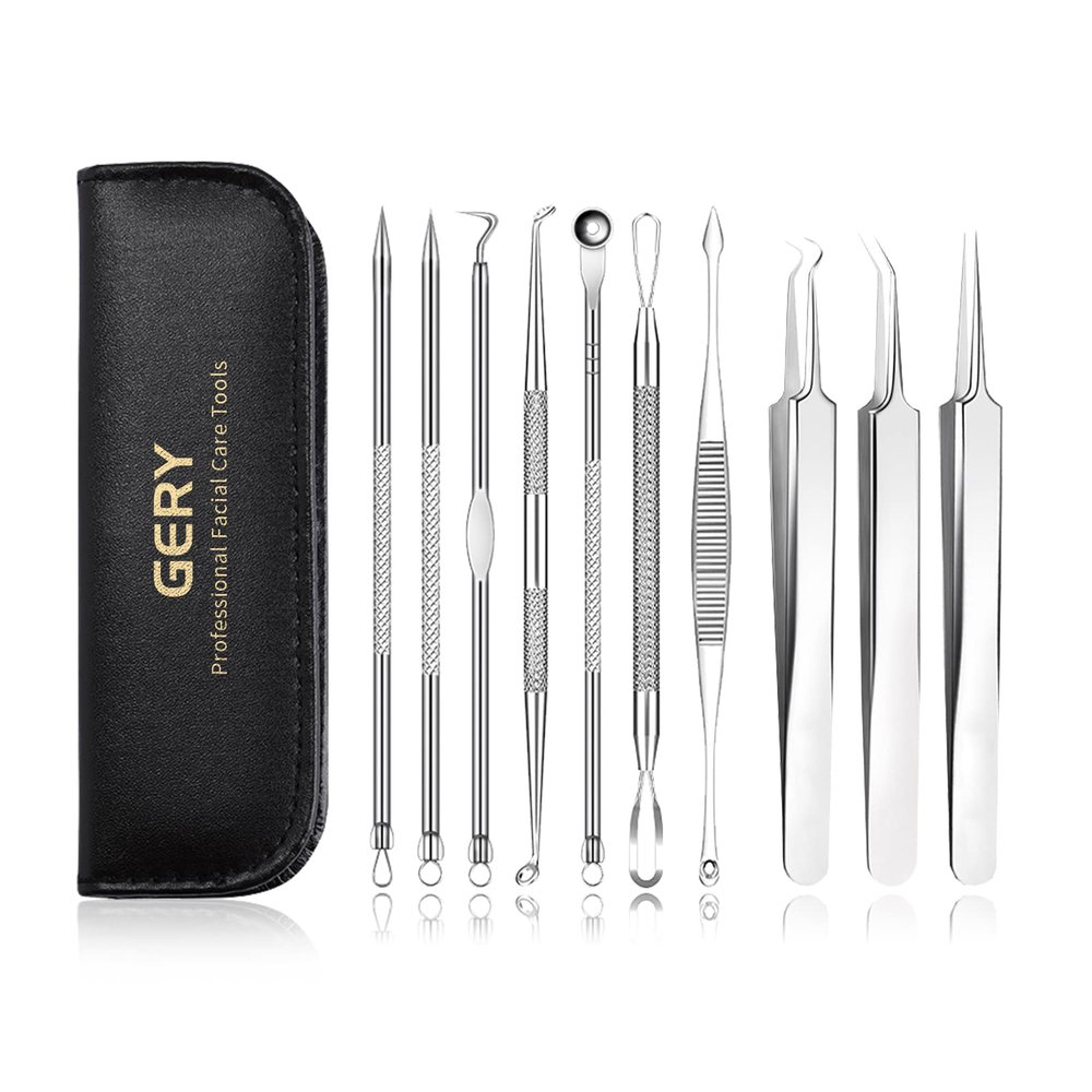 Blackhead Remover Tools,Upgrade 10 PCS Acne Needles,GERY Whitehead Removal Extractor Tools,Pimple Popper Tool Kit, Professional Stainless Pimple Acne Blemish Removal Tools Set with Leather Package