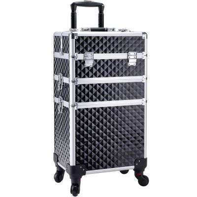 Adazzo 3 in 1 Professional Rolling Makeup Train Case Aluminum Trolley Case with 360 Rotation Wheels for Makuep Artist Cosmetic Suitcase Organizer with Lock and Key Diamond Pattern - Black