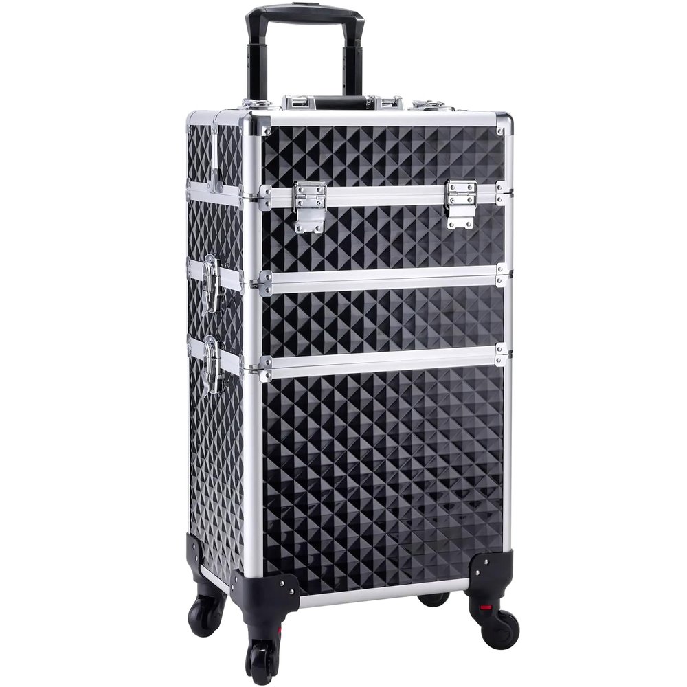 Adazzo 3 in 1 Professional Rolling Makeup Train Case Aluminum Trolley Case with 360 Rotation Wheels for Makuep Artist Cosmetic Suitcase Organizer with Lock and Key Diamond Pattern - Black