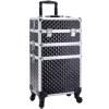 Adazzo 3 in 1 Professional Rolling Makeup Train Case Aluminum Trolley Case with 360 Rotation Wheels for Makuep Artist Cosmetic Suitcase Organizer with Lock and Key Diamond Pattern - Black view 1
