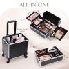 Adazzo 3 in 1 Professional Rolling Makeup Train Case Aluminum Trolley Case with 360 Rotation Wheels for Makuep Artist Cosmetic Suitcase Organizer with Lock and Key Diamond Pattern - Black view 2