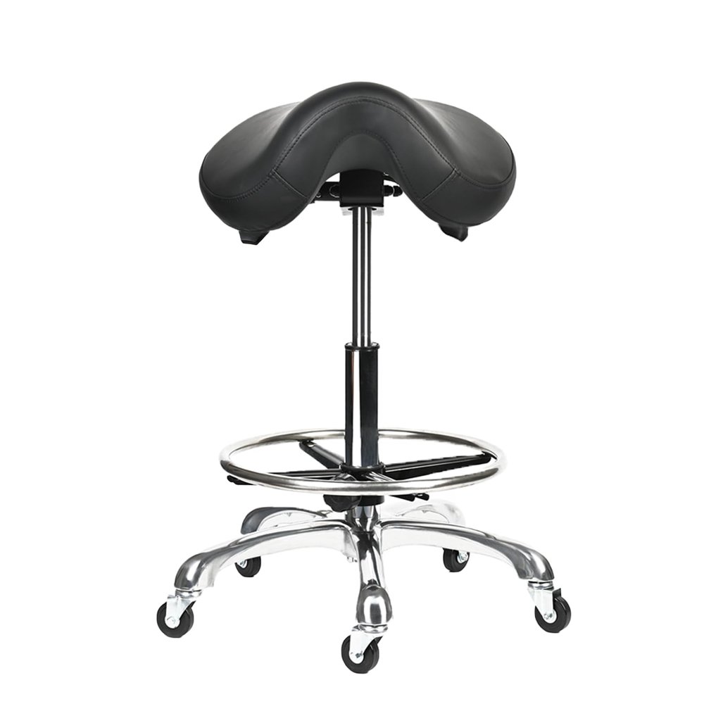 Cadiario Saddle Tilting Stool Rolling Chair with Thicker Seat Swivel Ergonomic Height Adjustable Footrest Wheels for Beauty Spa Salon Dental Medical Clinic Kitchen Home Office Shop Bar Black