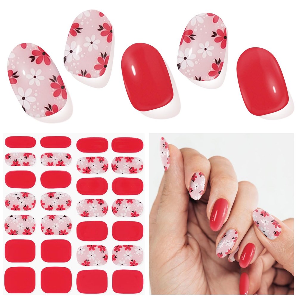 DUKASOU Semi Cured Gel Nail Strips, Red | 28 pcs Gel Nail Strips Work with Any UV Lamp, Salon Quality UV Nails Stickers, Easy to Apply for Home Nails DIY
