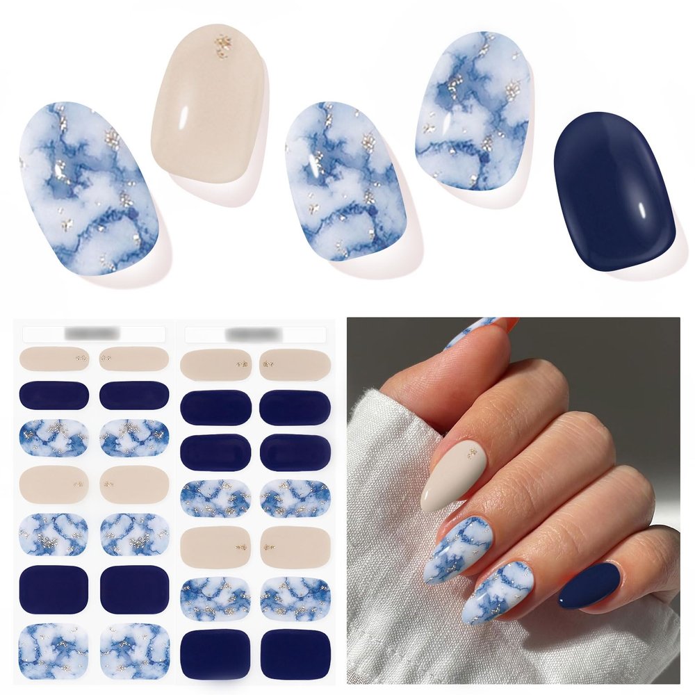 DUKASOU Semi Cured Gel Nail Strips, Navy Blue | 28 pcs Gel Nail Strips Work with Any UV Lamp, Salon Quality UV Nails Stickers, Easy to Apply for Home Nails DIY