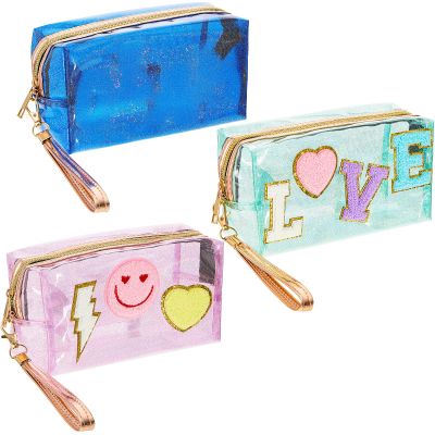 Amylove 3 Pcs Summer Preppy Makeup Bag Stuff Clear Cosmetic Preppy Bags Portable Cosmetic Summer Accessories for Teen Girls Women Gift Travel (Love, Lightning, Patterns)