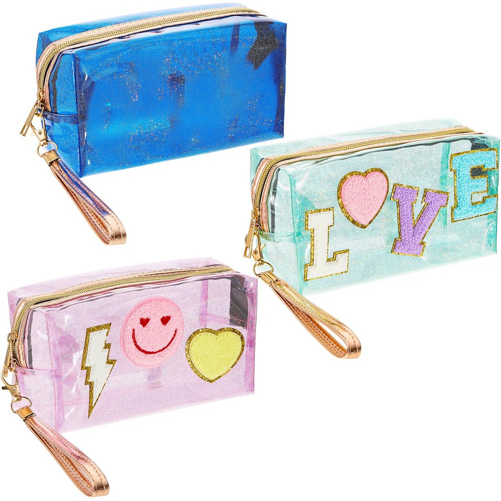Amylove 3 Pcs Summer Preppy Makeup Bag Stuff Clear Cosmetic Preppy Bags Portable Cosmetic Summer Accessories for Teen Girls Women Gift Travel (Love, Lightning, Patterns)