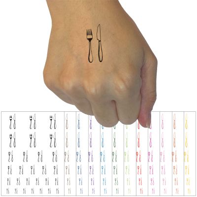 Fork Knife Utensils Eating Sketch Temporary Tattoo Water Resistant Fake Body Art Set Collection - Black (One Sheet)