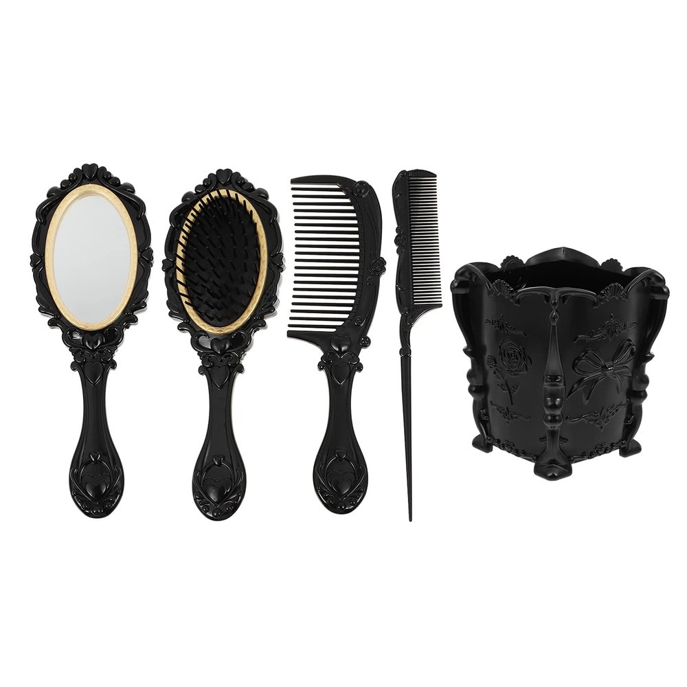 Beaupretty Hair Care Tool Set - Vintage Handheld Mirror, Wide Detangling Hair Brush, 4 Piece Hair Comb Set, Hair Organizer Storage - Black