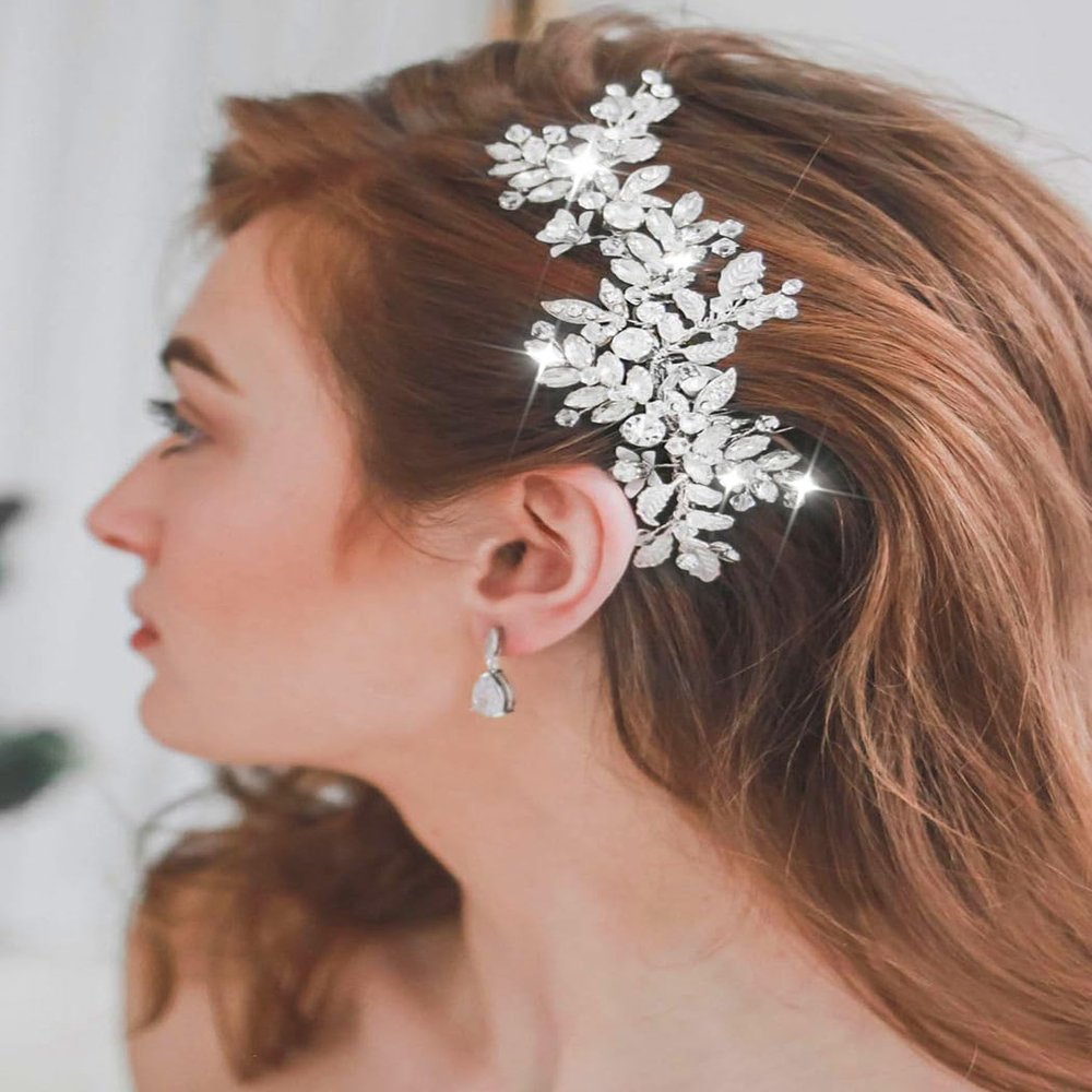 Jeairts Rhinestone Wedding Hair Comb Leaf Bridal Flower Headpiece Glitter Crystal Hair Accessories for Women(A-Silver)