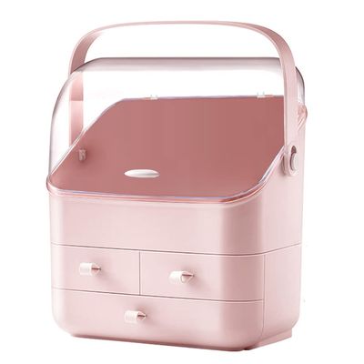 LINFIDITE Cosmetic Storage Box with Lid Waterproof&Dustproof Makeup Organizer Box Portable Handle,Large Makeup Display Case with Drawers Fully Open Lid,Great for Bathroom Countertop Bedroom Dresser