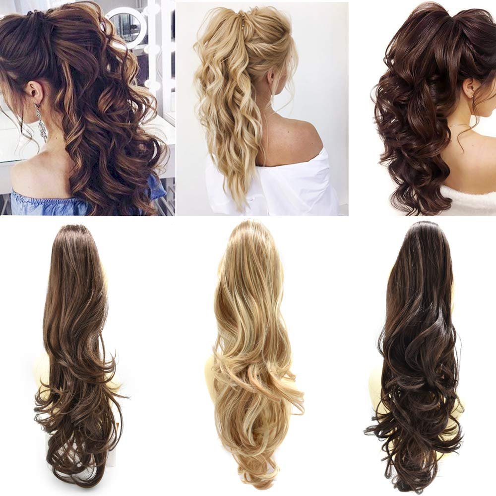 Ponytail Extension Long Curly Wave Claw Clip In Hairpiece FACE MIRACLE Synthetic Claw Clip Pony Tails for Women Jaw Clip In Ponytails for Girls (22 Inches, 26/12# Dark Ash Blonde & Brown Auburn)