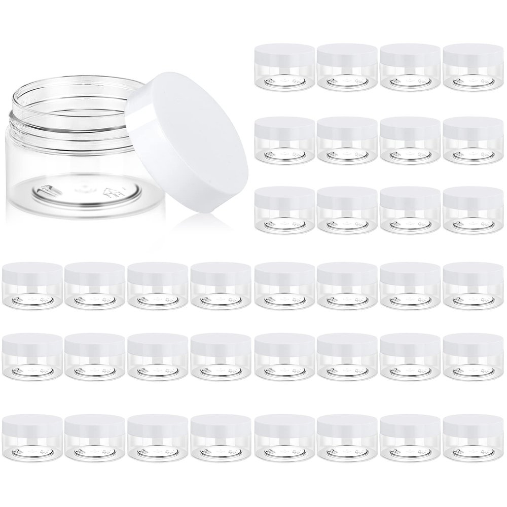 Eternal Moment 36 Pack 1 OZ Plastic Jars Round Clear Cosmetic Container Jars with White Lids, Perfect for Lotion, SlimeCream, Ointments, Makeup, Eye Shadow, Samples, Pot, Travel Storage