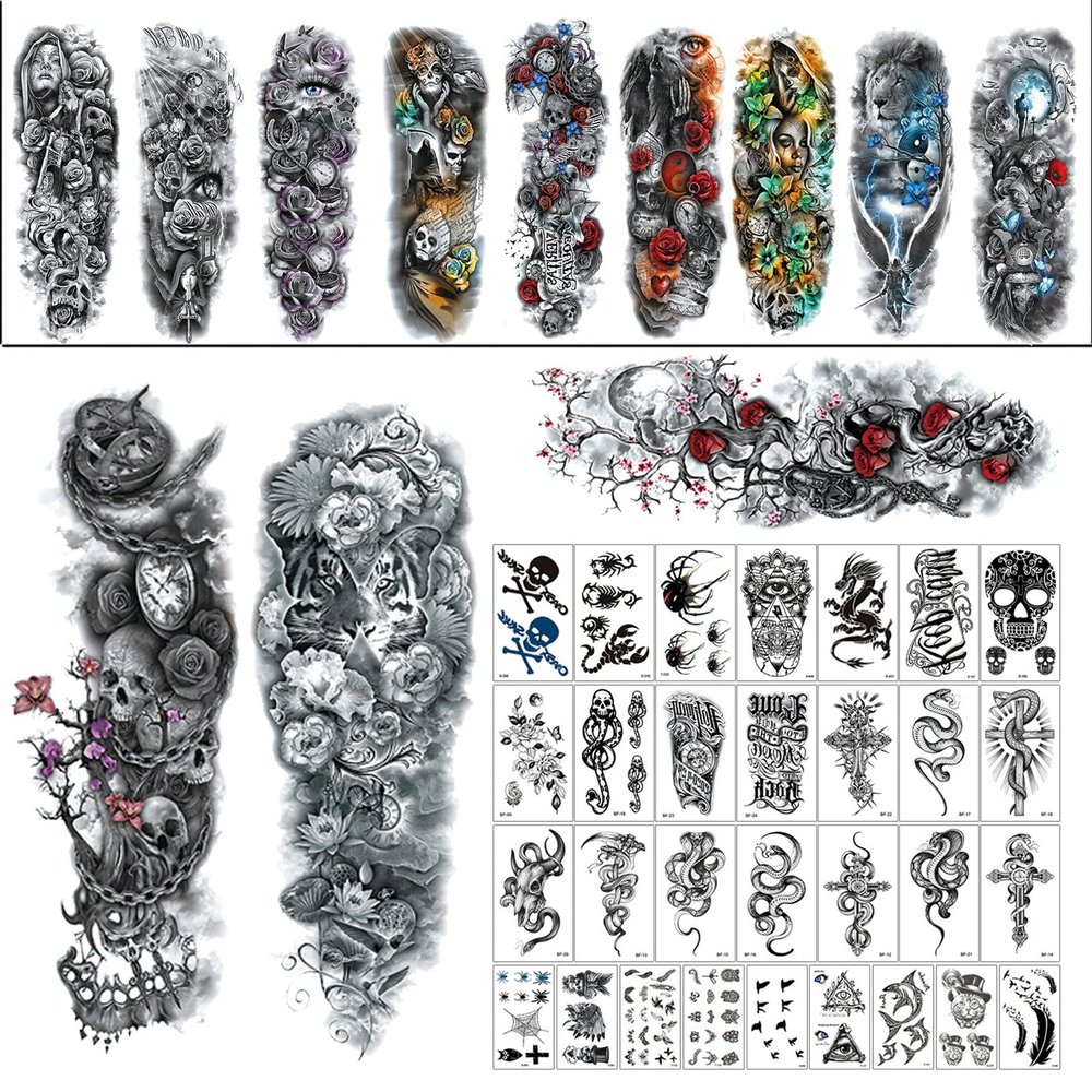 12 pieces of cool oversized full arm temporary tattoo sleeves for men and women 170*480mm 30 pieces of small fresh tattoo stickers black and white flower letters small picture stickers 60*105mm small pattern can contact the store to change your favor