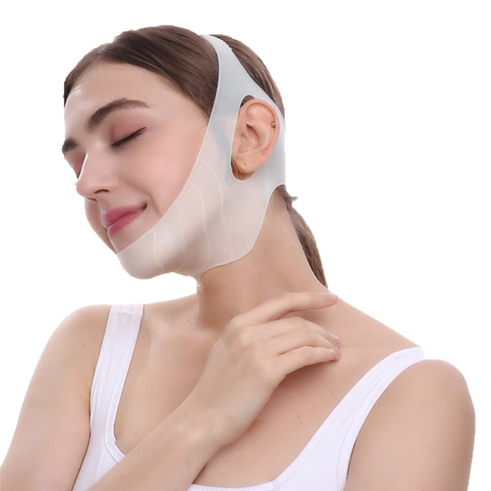cn herb Silicone Lifting and Tightening Massage V Face Mask Sleep V Face Artifact Thin Face Line Sculpture Face Bandage (White)