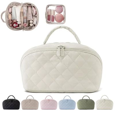 MINGRI Petition Makeup Bag for Travel, women Large Capacity Petition Cosmetic Bag 2 Pcs Petition Toiletry Bag Spacious 180 Open Cosmetic Organizer for Toiletries & Brushes With CompartmentsWhite