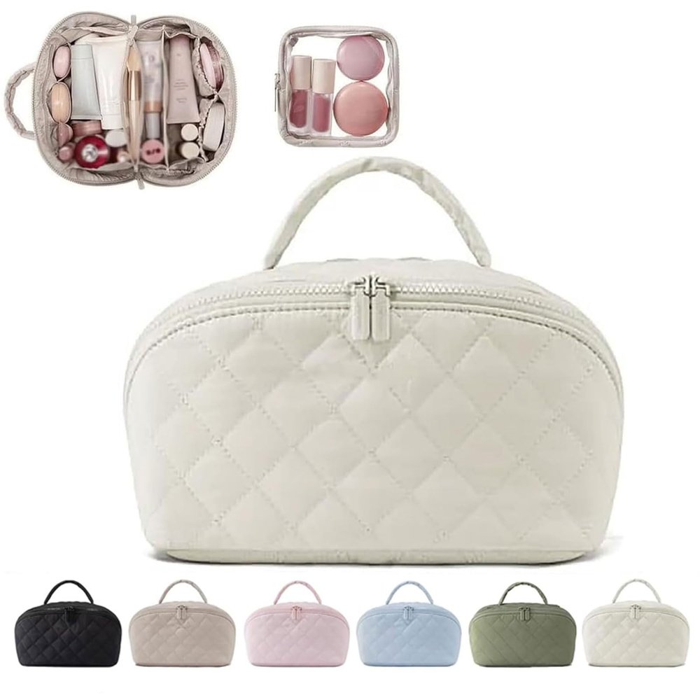 MINGRI Petition Makeup Bag for Travel, women Large Capacity Petition Cosmetic Bag 2 Pcs Petition Toiletry Bag Spacious 180 Open Cosmetic Organizer for Toiletries & Brushes With CompartmentsWhite