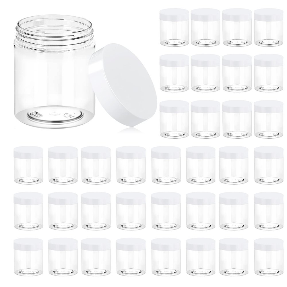 Eternal Moment 36 Pack 8 OZ Plastic Jars Round Clear Cosmetic Container Jars with White Lids, Perfect for Lotion, SlimeCream, Ointments, Makeup, Eye Shadow, Samples, Pot, Travel Storage