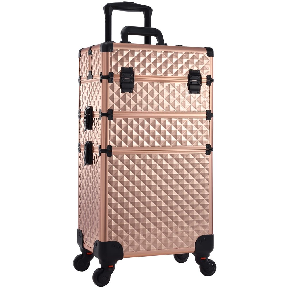 Adazzo 3 in 1 Professional Rolling Makeup Train Case Aluminum Trolley Case with 360 Rotation Wheels for Makuep Artist Cosmetic Suitcase Organizer with Lock and Key Diamond Pattern - Rose Gold