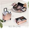 Adazzo 3 in 1 Professional Rolling Makeup Train Case Aluminum Trolley Case with 360 Rotation Wheels for Makuep Artist Cosmetic Suitcase Organizer with Lock and Key Diamond Pattern - Rose Gold view 2